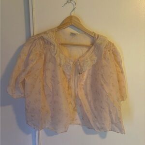 Light Pink Floral Lace-Trim Peasant Blouse